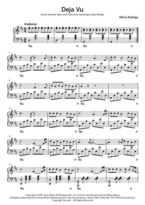 Deja Vu Arr Thiago Dias Sheet Music Olivia Rodrigo Easy Piano