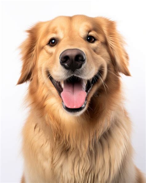 Un Perro Recuperador De Oro Sonriente Sobre Un Fondo Blanco Stock De