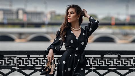 Women Model Red Lipstick Black Dress Hands In Hair Necklace Standing