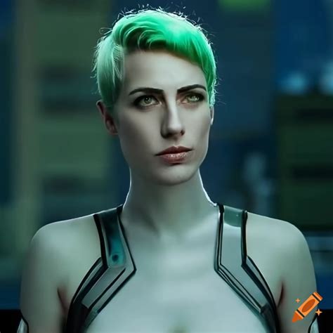 Futuristic Cosplay Of A 30 Year Old White Female With Short Green Hair And Big Green Eyes On Craiyon