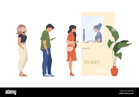 People Buy Ticket Flat Color Vector Faceless Characters Queue To