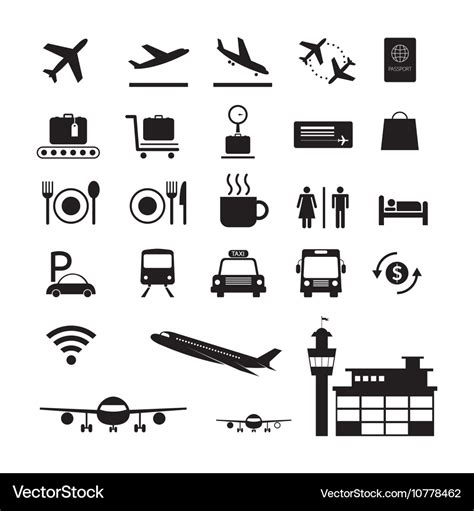 Airport Icons And Symbols Silhouette Set Vector Image