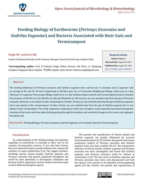 Feeding Biology Of Earthworms Perionyx Excavatus And Eudrilus Eugeniae