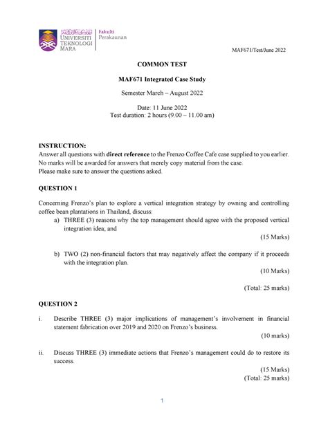 MAF671 TEST Question JUNE 2022 Case Study MAF671 Test June 2022 1