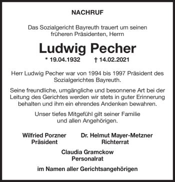 Traueranzeigen Von Ludwig Pecher Nordbayerischer Kurier