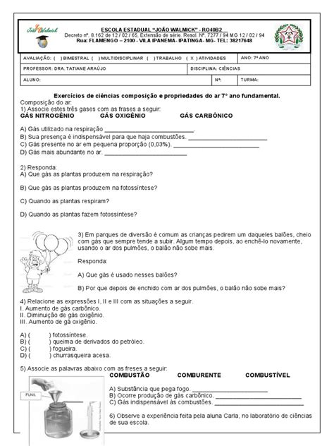 Atividades Sobre A Composição Do Ar 7o Ano Pdf