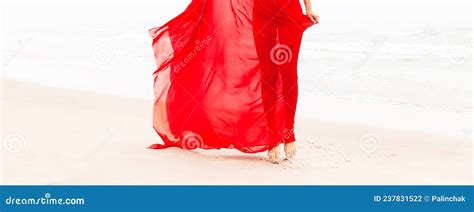 Nude Woman In Red Fabric Posing On Sea Beach Stock Photo Image Of