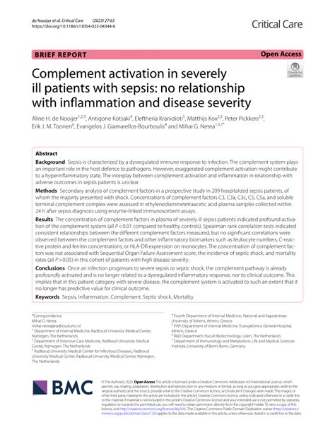 PDF Complement Activation In Severely Ill Patients With Sepsis No