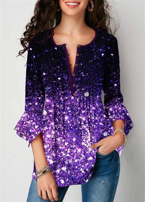 Us 3006 Sequin Embellished Button Up Purple Blouse Purple Blouse