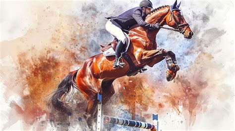 Premium Photo A Watercolor Painting Of A Horse And Rider Jumping A Hurdle