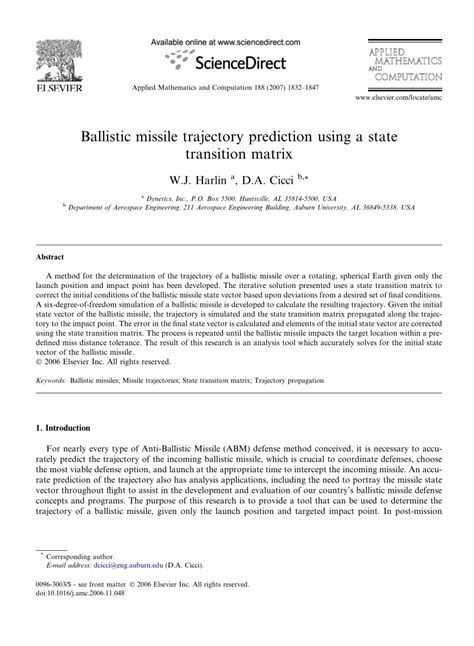 (PDF) Ballistic missile trajectory prediction using a state transition ...