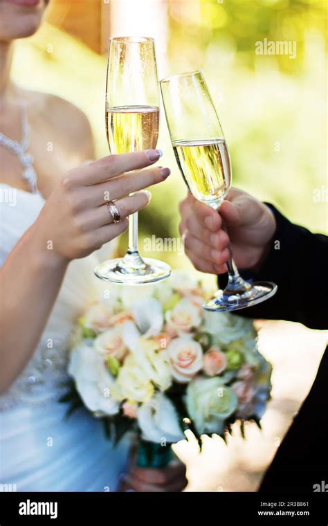 Bride And Groom Clinking Glasses On Wedding Day Bride And Groom With