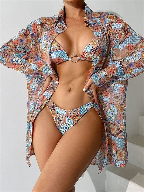 Sexy Long Sleeve Swimsuit Fashion Women High Waist Bikini Set Three