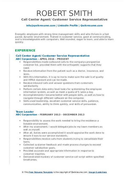 Call Center Agent Resume Samples Qwikresume