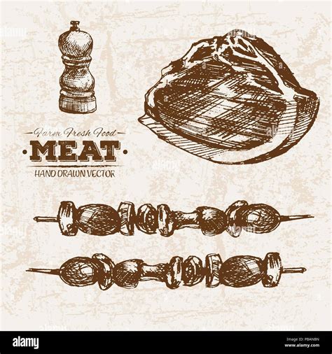 Hand Drawn Sketch Steak Meat Products Set With Skewers And Ham Farm