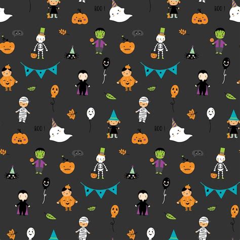 Patrón de halloween con niños disfrazados Vector Premium