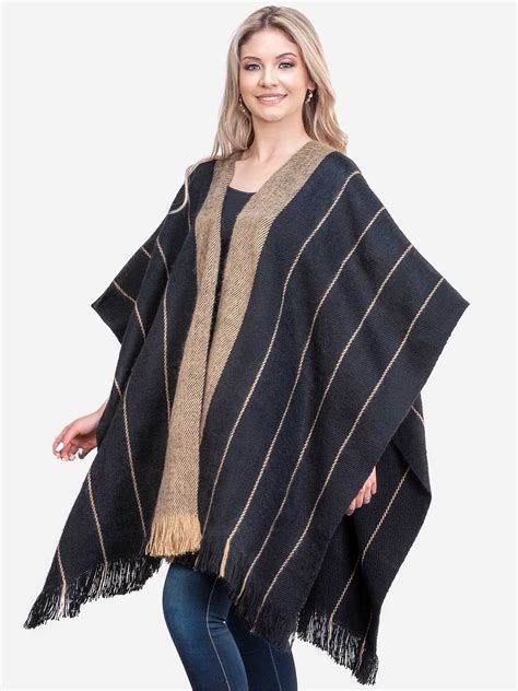 INTI ALPACA Womens Ruana Poncho In Black And Beige Wool Alpaca Wrap