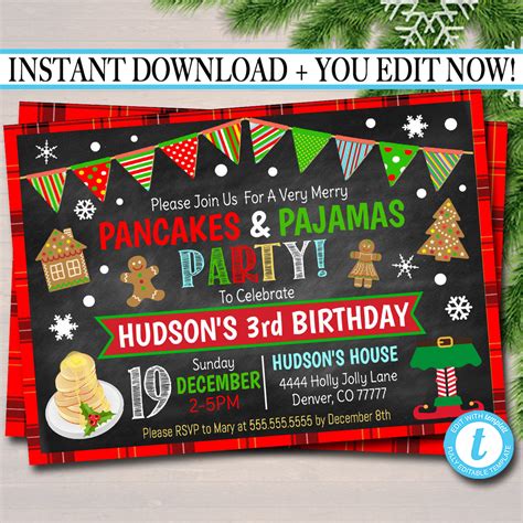 Pancakes And Pajamas Christmas Birthday Party Invitation Tidylady