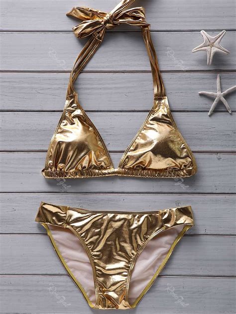 46 OFF Women S Halter Beach Gold Metallic Bikini Rosegal