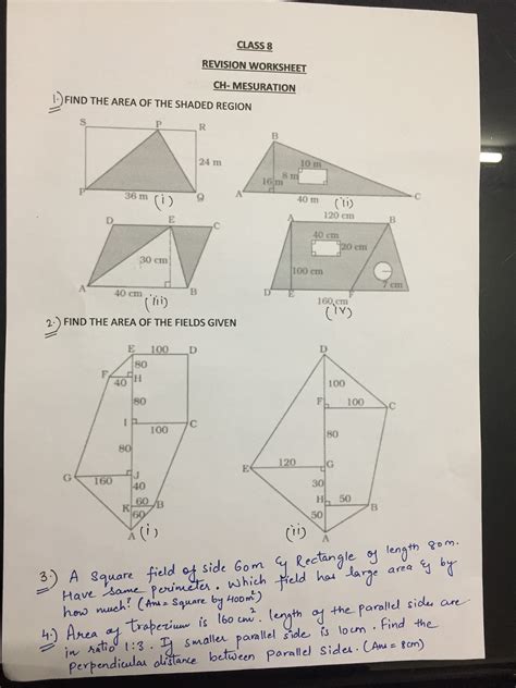 Grade 8 Mensuration Worksheet