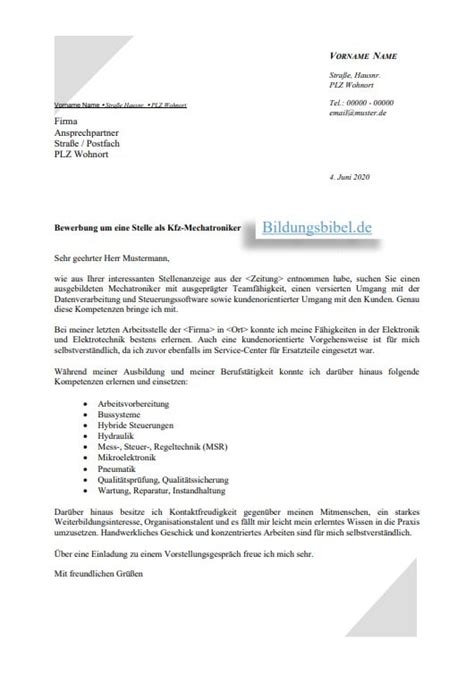 Bewerbung Kfz Mechatroniker 5 PDF Muster Word Vorlagen Kostenlos