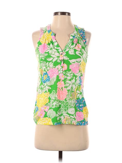 Lilly Pulitzer 100 Cotton Floral Green Sleeveless Top Size Xs 68