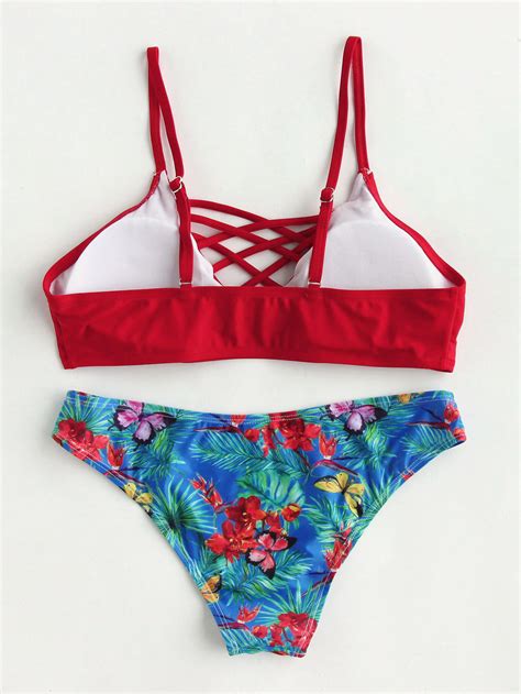 Butterfly Print Lattice Front Mix Match Bikini Set SheIn Sheinside