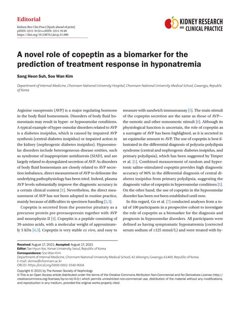 PDF A Novel Role Of Copeptin As A Biomarker For The Prediction Of