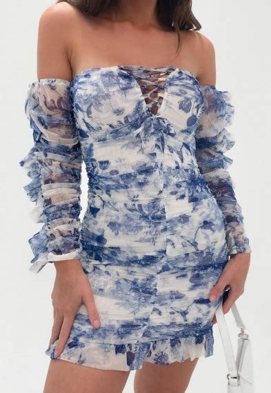 Missguided Blue Porcelain Print Mesh Ruched Mini Dress ~ Floral Bardot