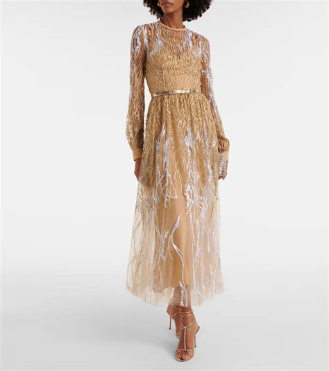 Embroidered Tulle Midi Dress In Beige Elie Saab Mytheresa