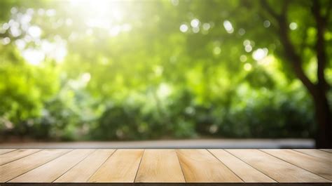 Premium AI Image Empty Wood Table Top And Blurred Green Tree In The