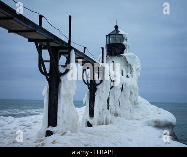 Ice Covered St Joseph Pier Light In Winter St Joseph Michigan On