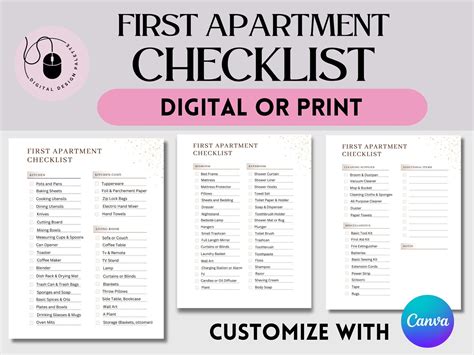 First Apartment Checklist Apartment Checklist New Etsy