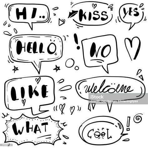 Hand Drawn Set Of Speech Bubbles With Dialog Words Hello Love Bye Hi