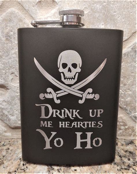 Drink Up Me Hearties Yo Ho Pirates Of The Carribean Black Flask Gift