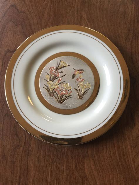 Chokin Plate With 24K Gold Trim Bird Flying Among Water Iris Etsy