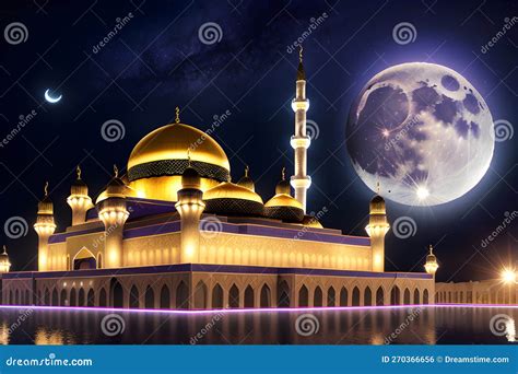 Mosque Night Time Full Moon Ramadan Kareem Eid Greetingsl Islamic Culture Ramzaan Generative AI ...