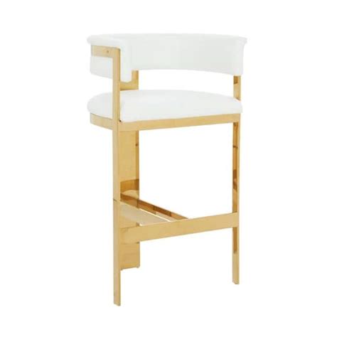 Benjara In White And Gold Low Back Metal Frame Bar Stool With