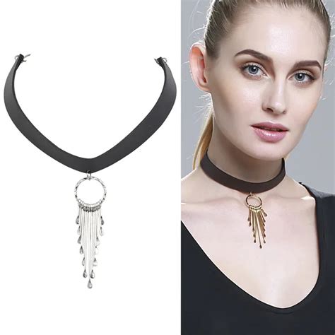 New Fashion Bohemian Black Leather Rope Collar Choker Tassel Necklaces And Pendants Women Punk