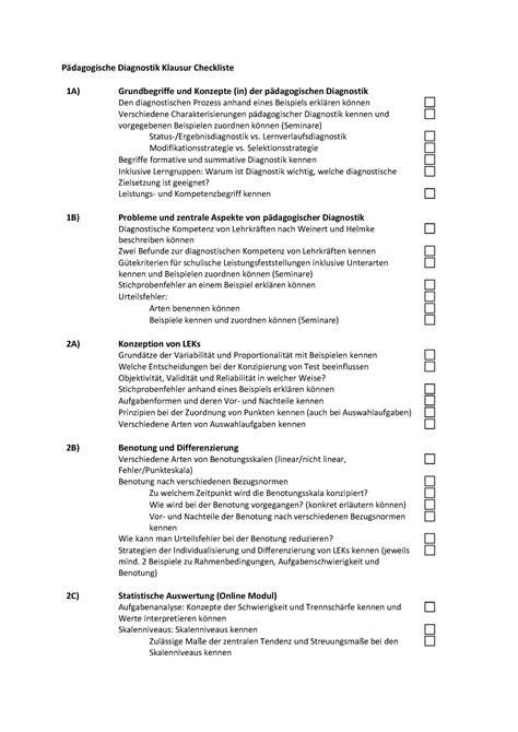 Klausur Checkliste Pädagogische Diagnostik Klausur Checkliste 1A