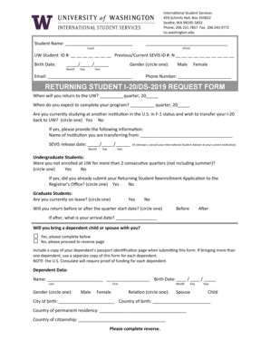 Fillable Online Returning Student I 20 Ds 2019 Request Form