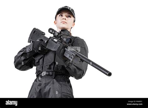 Female Police Officer Swat In Black Uniform With Sniper Rifle Studio