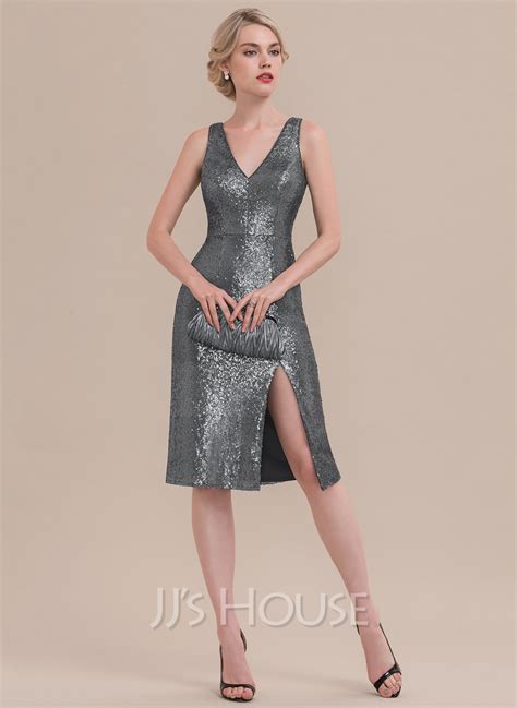 Sheath Column V Neck Knee Length Sequined Cocktail Dress With Split