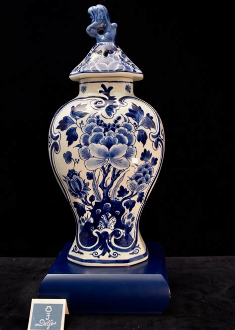 Dutch Blue White Royal Delft Hand Painted Baluster Vase With Cover