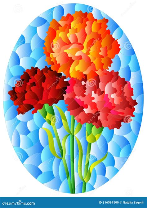 A Stained Glass Illustration with a Bouquet of Asters on a Blue