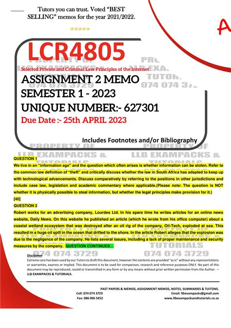 LCR4805 ASSIGNMENT 2 MEMO SEMESTER 1 2023 UNISA DETAILED