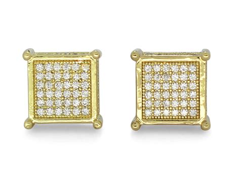 Mens Iced Square Studs K Gold Plated Micropave Cz Screw Back Earrings