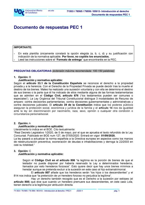 Pec Introducci N Derecho Documento De Respuestas Pec