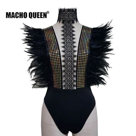 A Womens Bodysuit With Feathers On The Front And Back Designed To