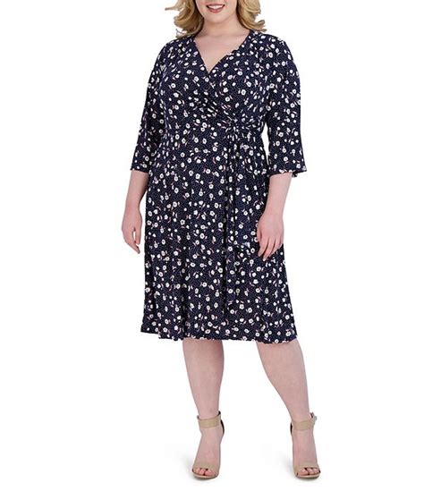 Robbie Bee Plus Size Floral Print 3 4 Sleeve Surplice V Neck Faux Wrap